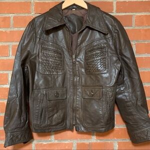 Vintage Dark Brown Leather Bomber Jacket
